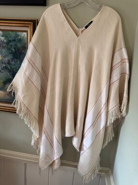 Theory Cream V-Neck Fringe Poncho Subtle Stripe Coat Jacket Cape Cover Boho Chic